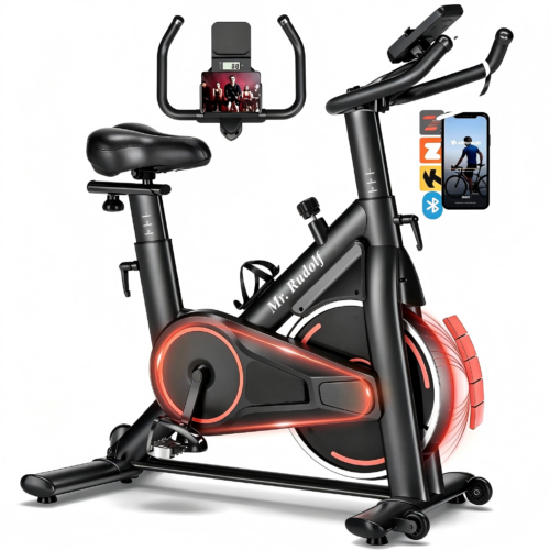 Mr.Rudolf Indoor Stationary Exercise Bike, Silent Magnetic Resistance Spinning Bike with LCD Monitor & Bluetooth for Home Cardio Workout