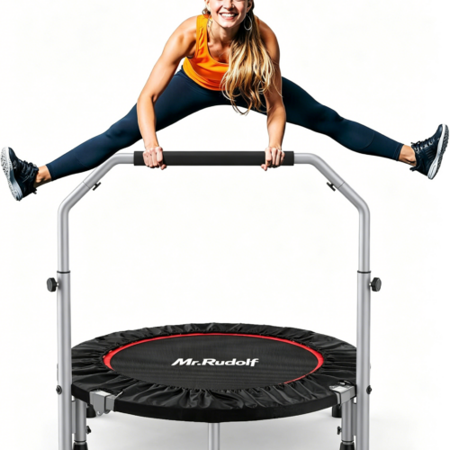 Mr. Rudolf Foldable Mini Fitness Trampoline with Adjustable Handrail, Indoor Home Workout Rebounder for Cardio Exercise & Body Shaping