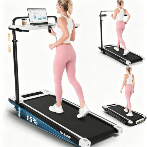 Mr.Rudolf Under Desk Treadmill with 15% Auto Incline, Foldable Walking Running Machine with Desk Holder & Remote Control for Home Office Workout